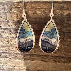 Handmade Boho Copper Earrings, Diamond Cut Van Gogh Starry Night Design Earring